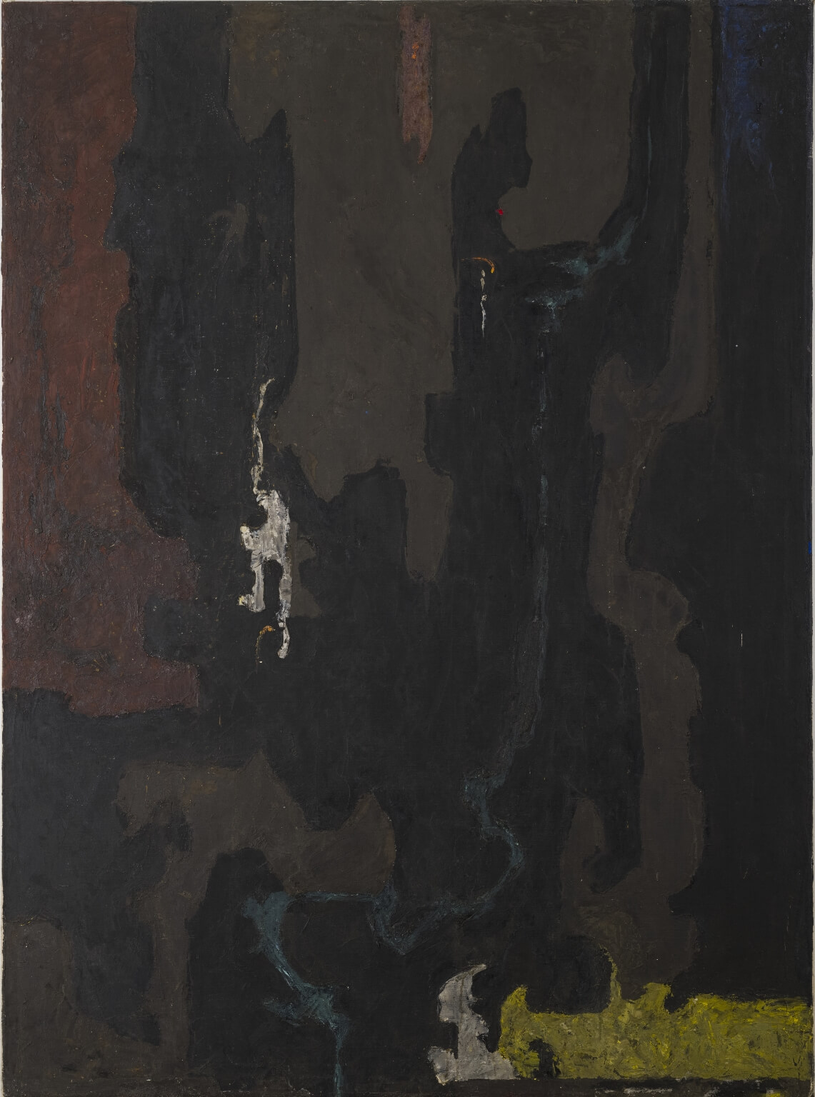 Vertical abstract painting with black background and long thin figures in a lighter black or brown moving up, with small splotches of yellow and white