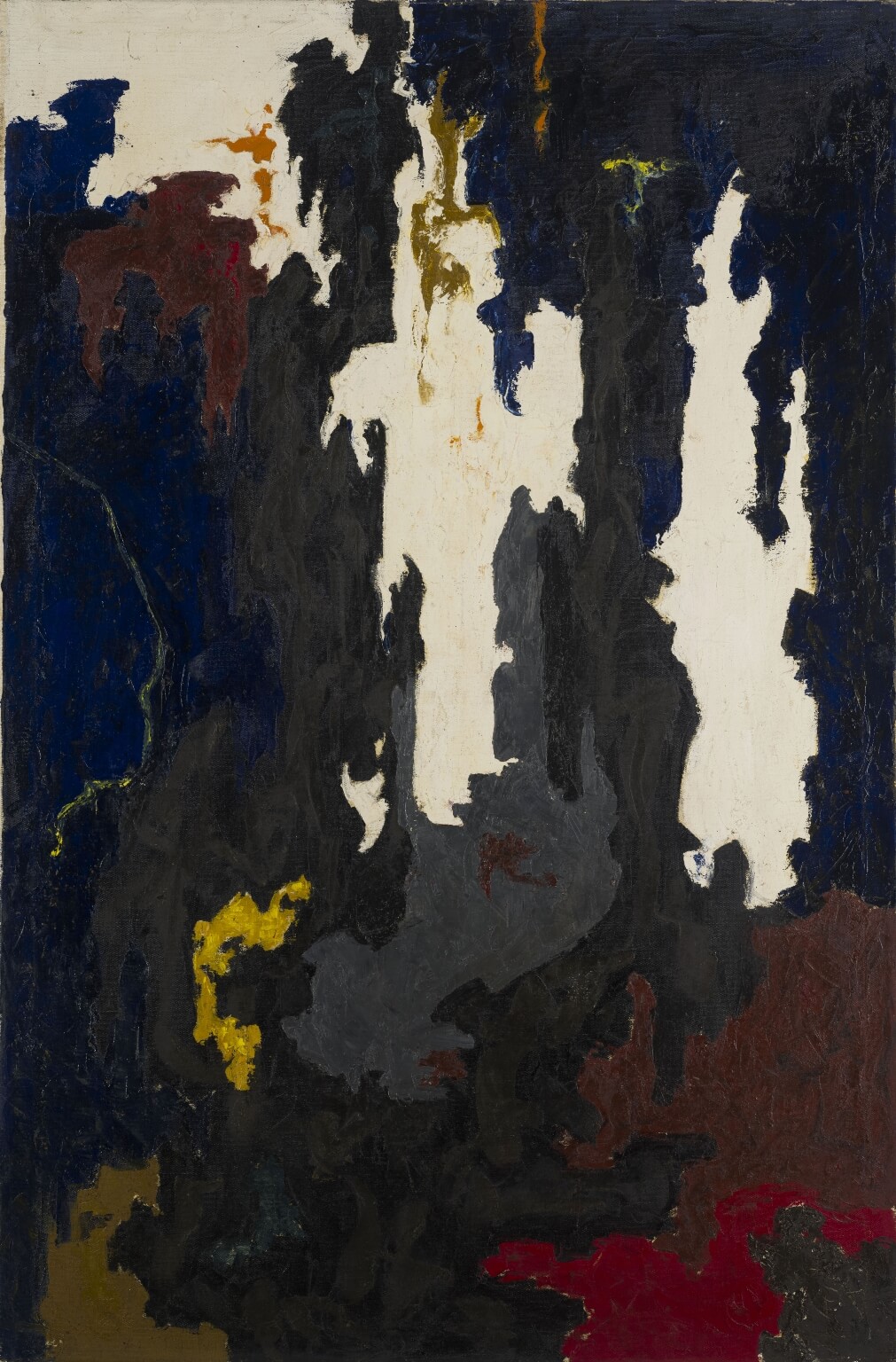 Vertical abstract painting with three sections of bare canvas and mostly black paint, with some gray, blue, red, and yellow