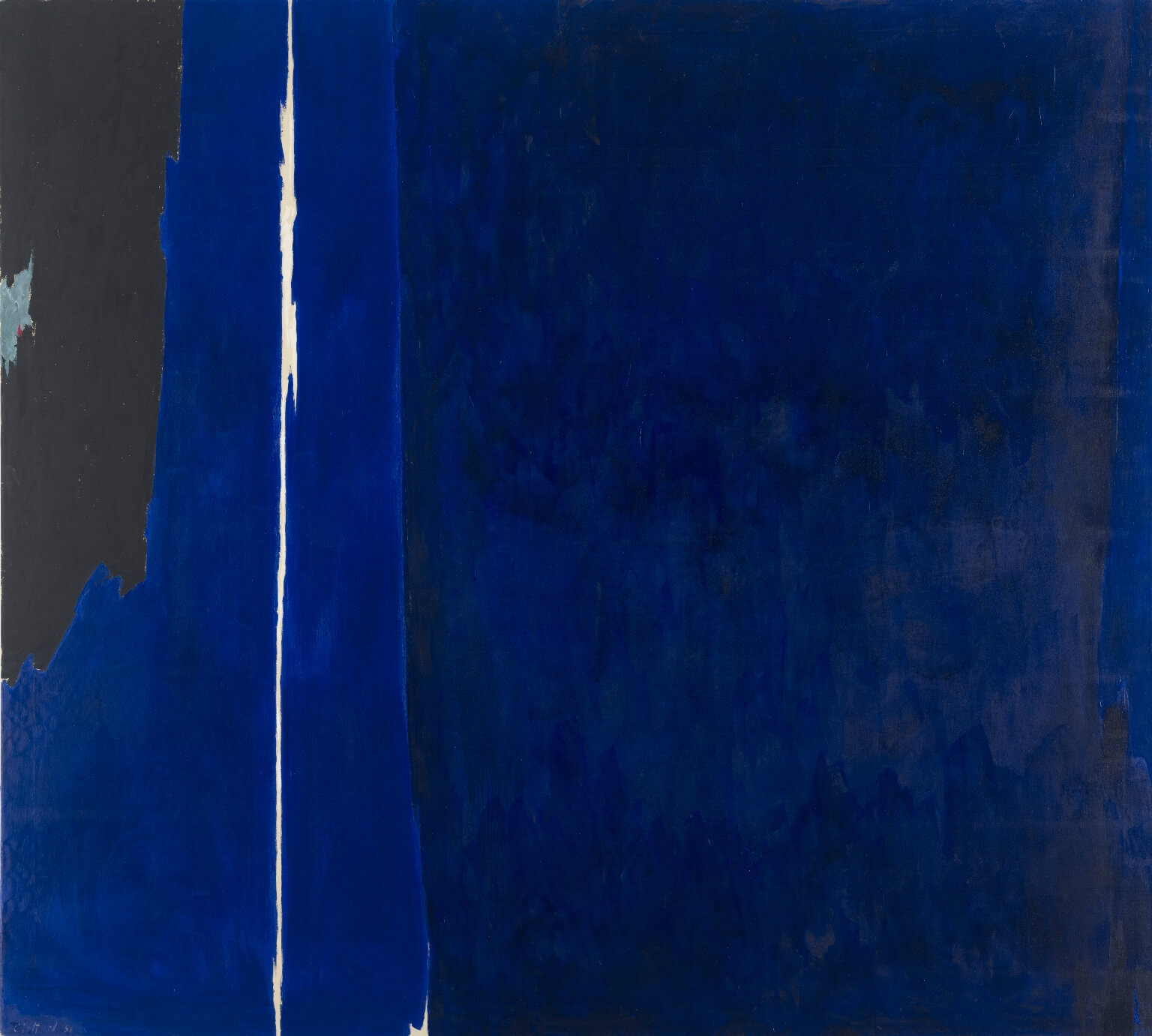 Horizontal abstract painting that is almost all different shades of dark blue, with a section of black on the left side and a thin vertical white line on the left third
