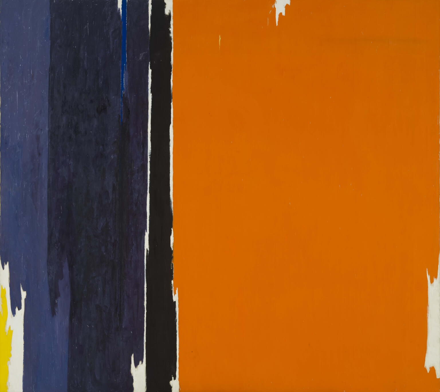 Abstract horizontal painting with about two-thirds of it covered in a dark orange, divided by a thick black vertical line, and two dark shades of blue on the left side