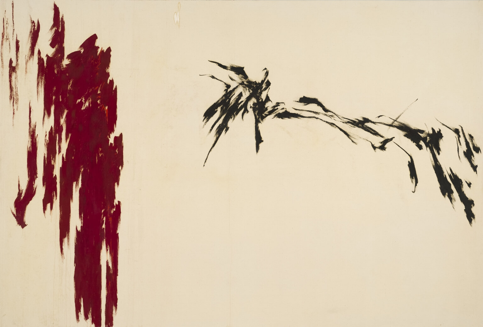 Abstract painting with mostly bare canvas, a large vertical jagged figure on the left in dark red and a more horizontal floating figure in black on the right side