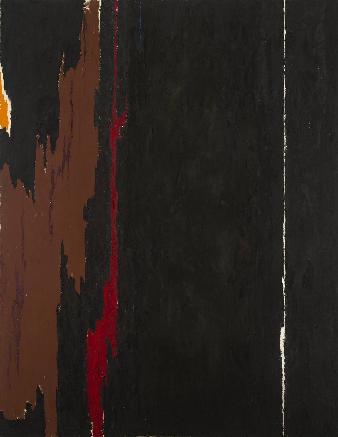 Vertical abstract painting that is mostly black with a brown section on one side with orange and red on either side of the brown and a thin white line going up in the section with the black paint