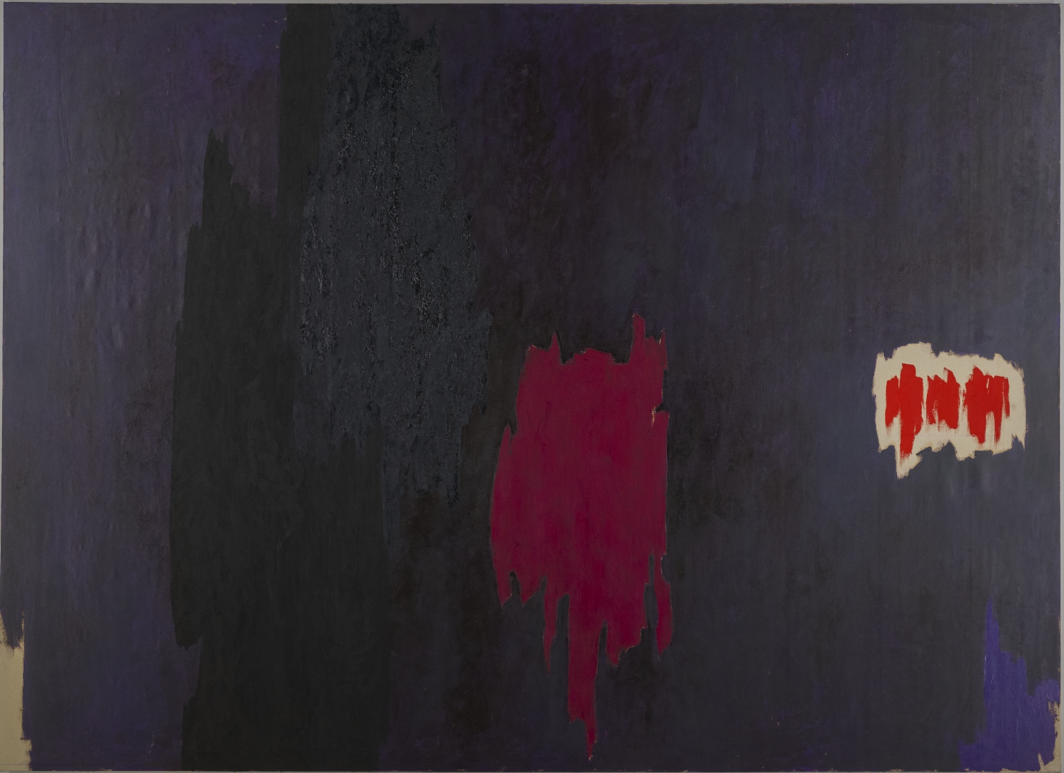 Horizontal abstract painting with a lot of black paint and large areas of purple, maroon, and a smaller area of dark orange