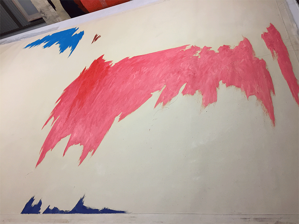 Gif of different images of an abstract oil painting on canvas with a large splotch of pink paint, and some smaller areas with light blue, red, and purple