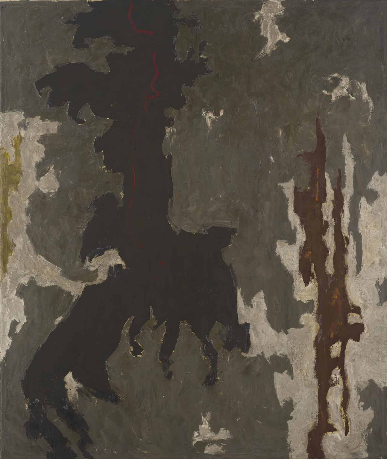 Abstract oil painting with background gray, a dark black figure, white splotches on both sides, and a brown vertical figure on the right side