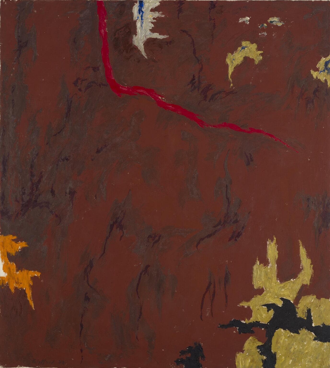 Closeup of an abstract painting by Clyfford Still with reddish brown paint and splashes of orange, gold, and black