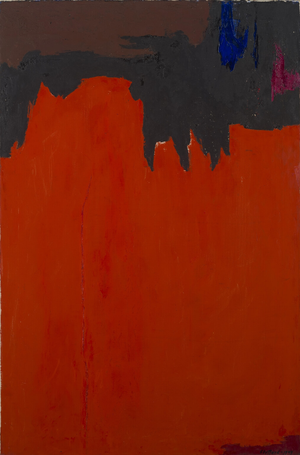 Vertical abstract painting with an orangish red on the bottom two-thirds, with an uneven top, and black, brown, and blue above it