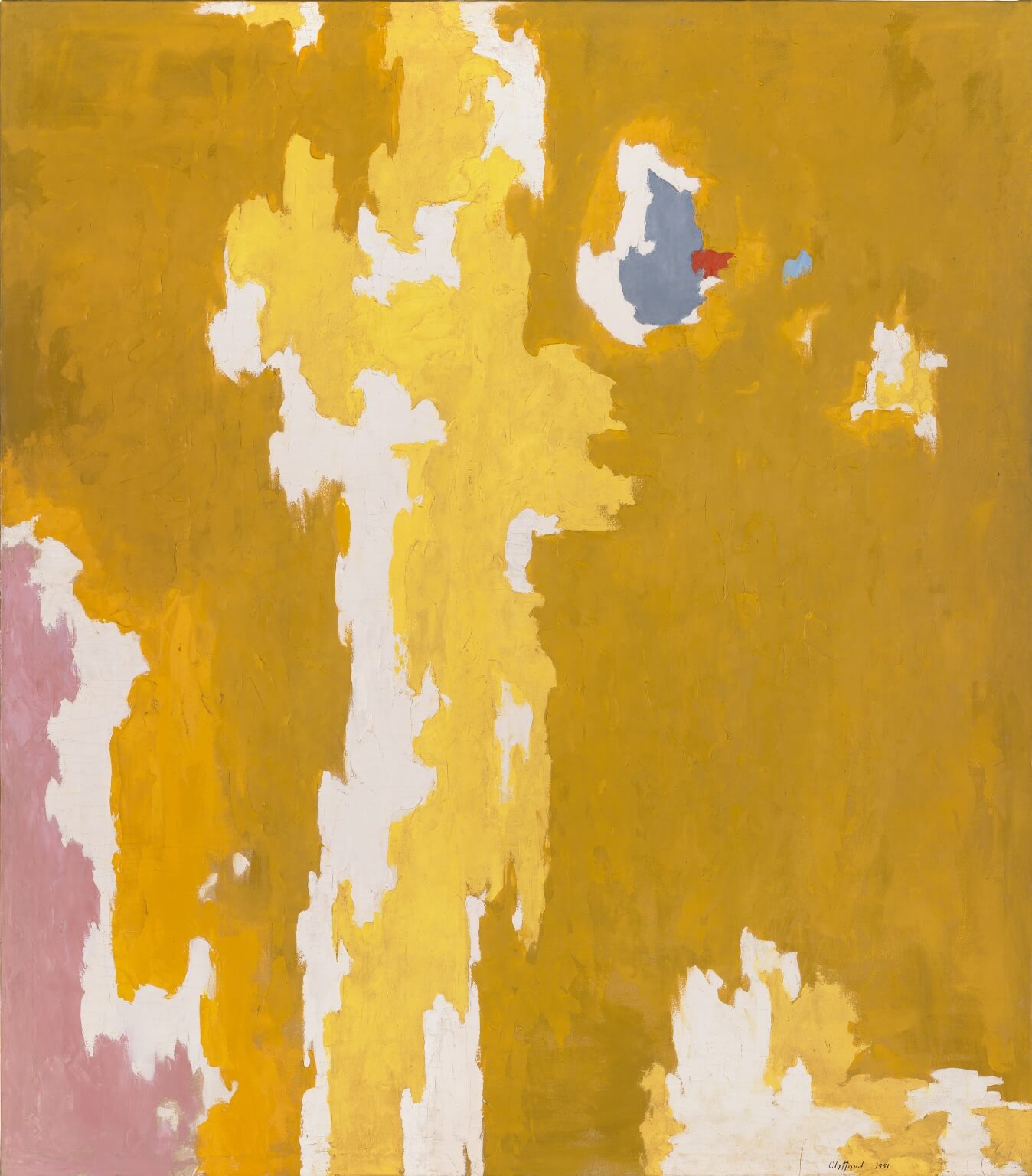 Abstract oil painting with gold, yellow, white, and small areas of pink and light blue