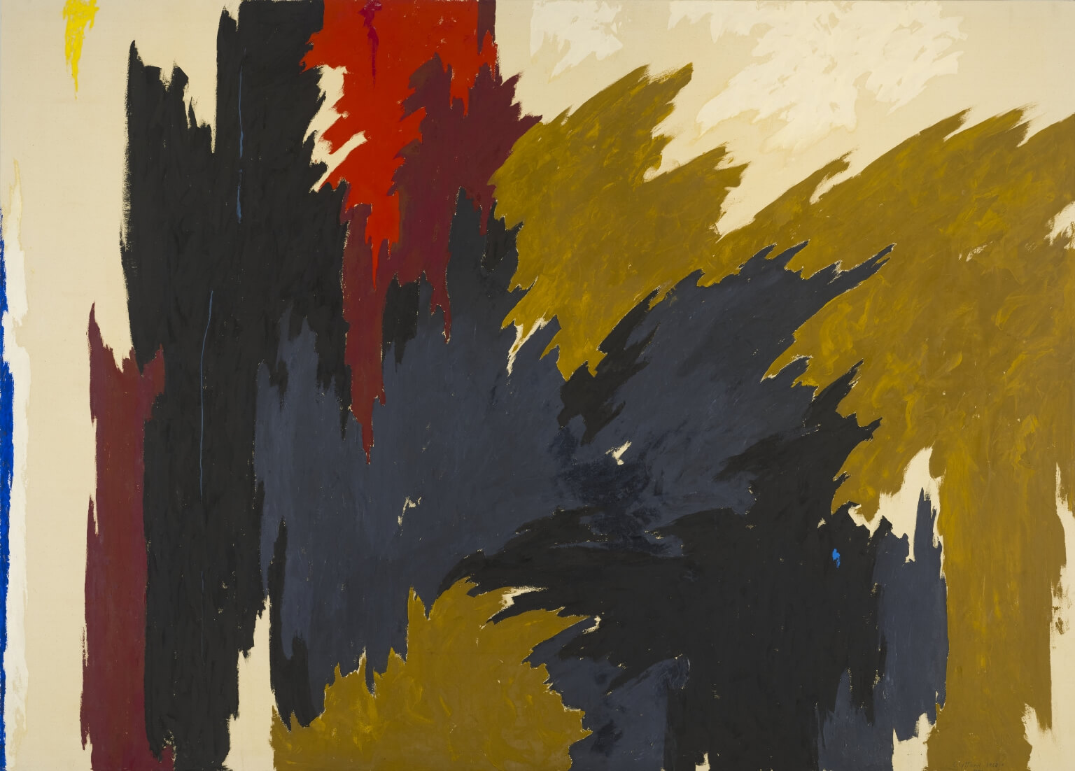 Abstract painting with black, blue, gold, red, maroon, white, and yellow paint in jagged shapes seeming to move up to the corner