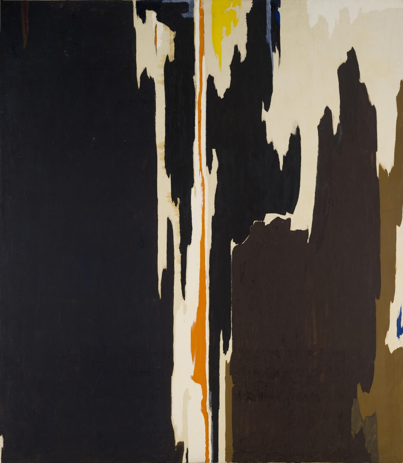Abstract oil painting with two large sections of black, some bare canvas separating the areas, and small sections of brown, orange, and yellow