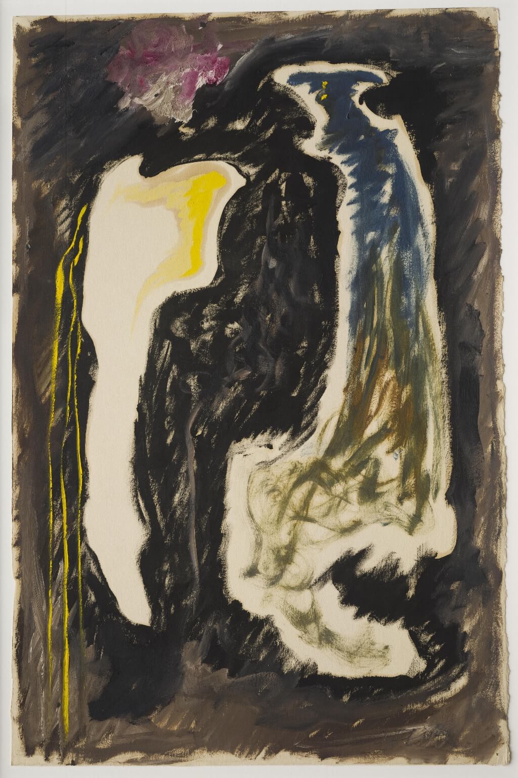 Abstract oil painting on paper with two figures that seem to interact with each other with black, brown, and yellow background and one figure is white and yellow while the other is green and blue