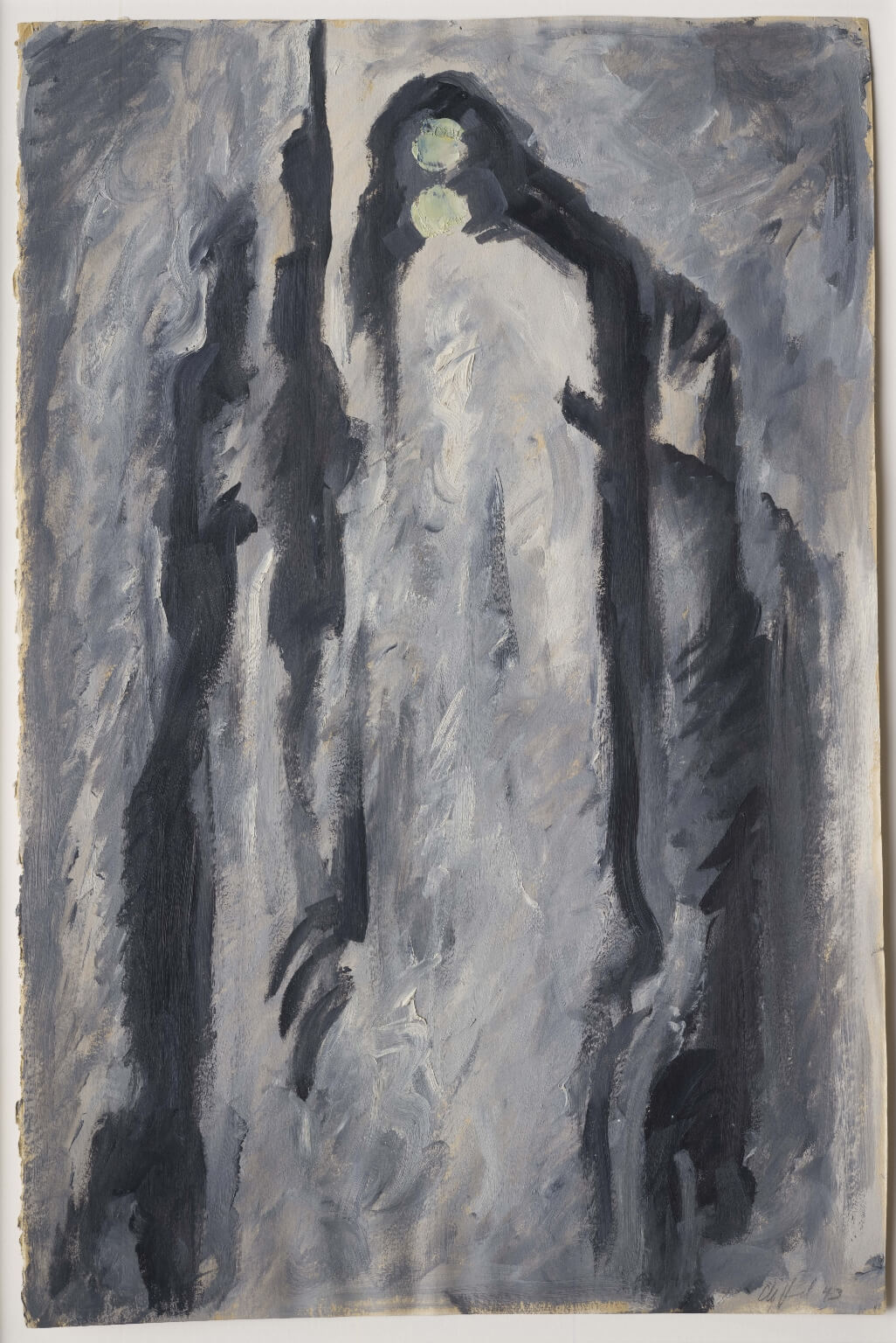 Abstract oil painting on paper with shades of gray and eerie, ghostly black figures