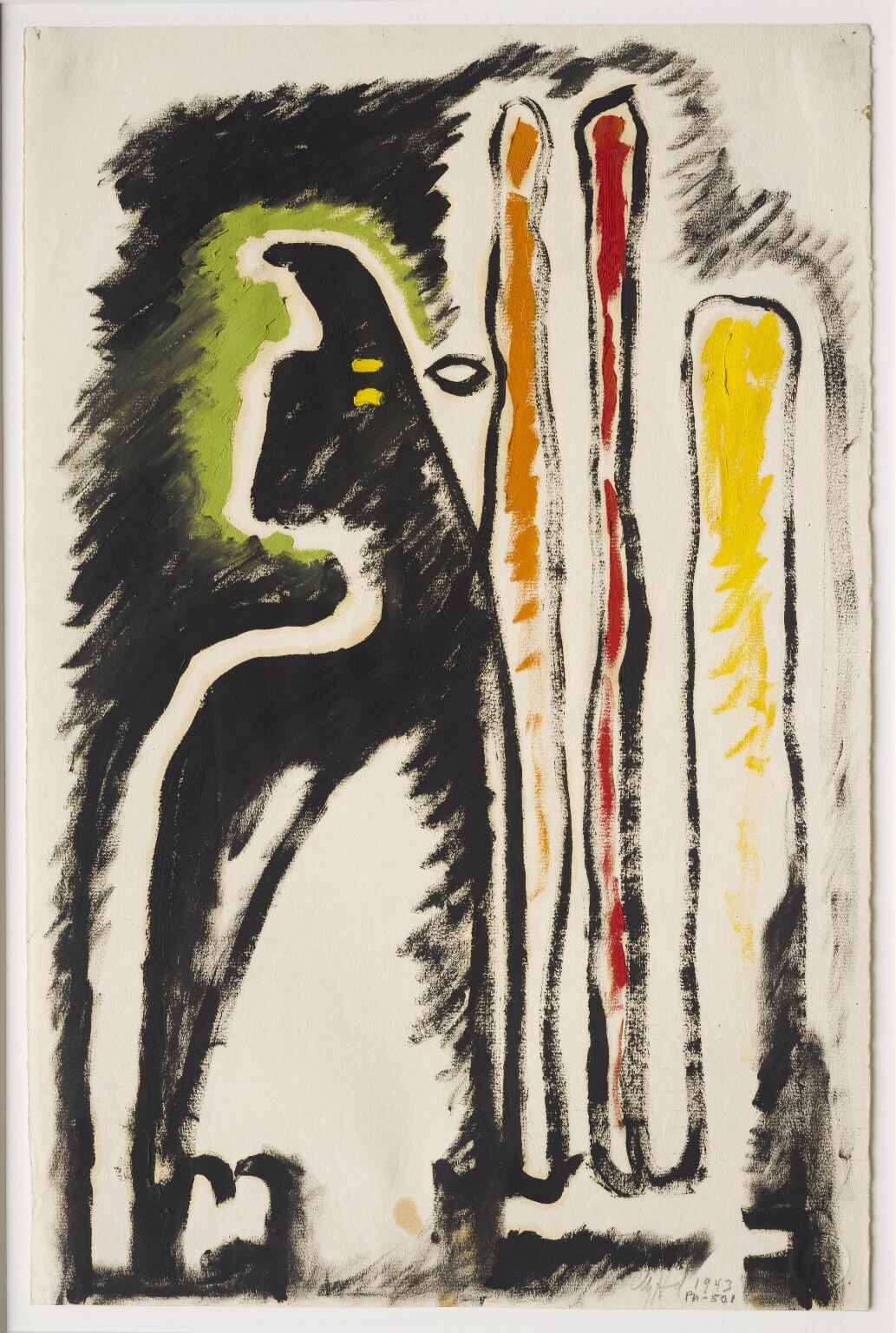 Abstract oil painting on paper with a large black figure looking left highlighted in green and thin outlined figures in orange, red, and yellow next to it