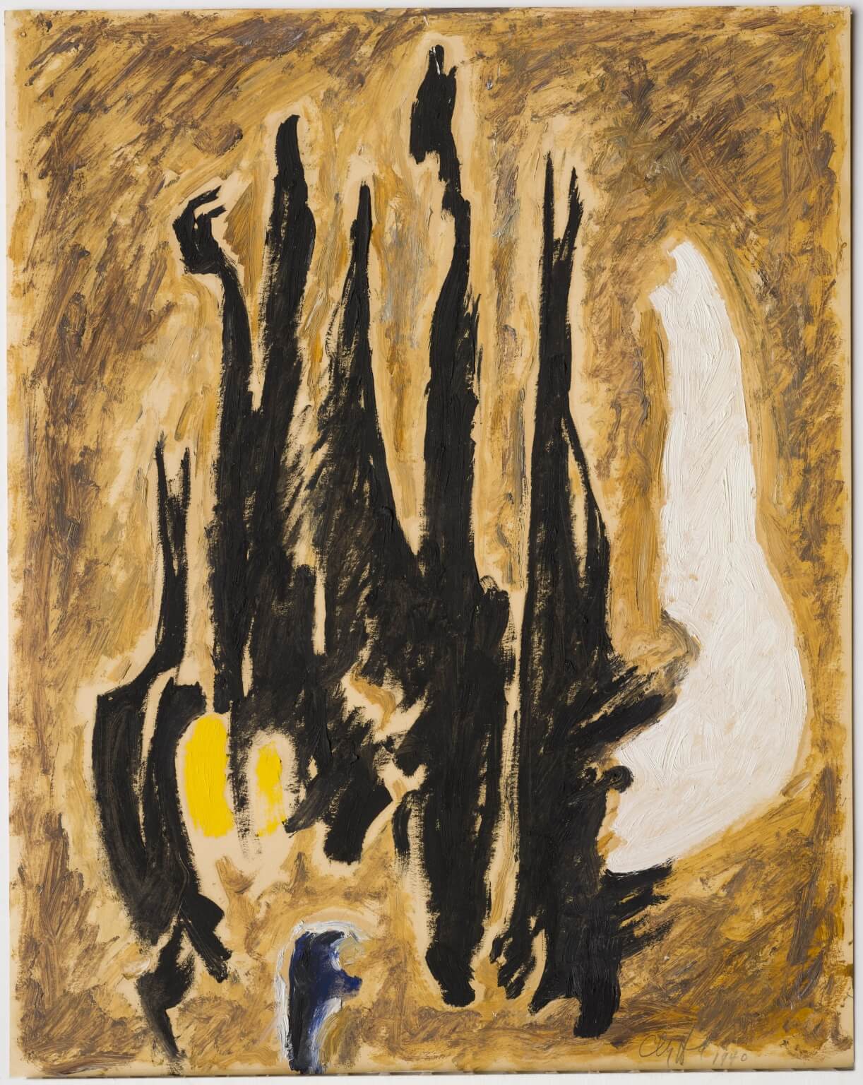 Abstract oil painting on paper with a tan and light brown background, thin black figures moving upward, a white empty figure to the right, and a yellow circle under the black figures