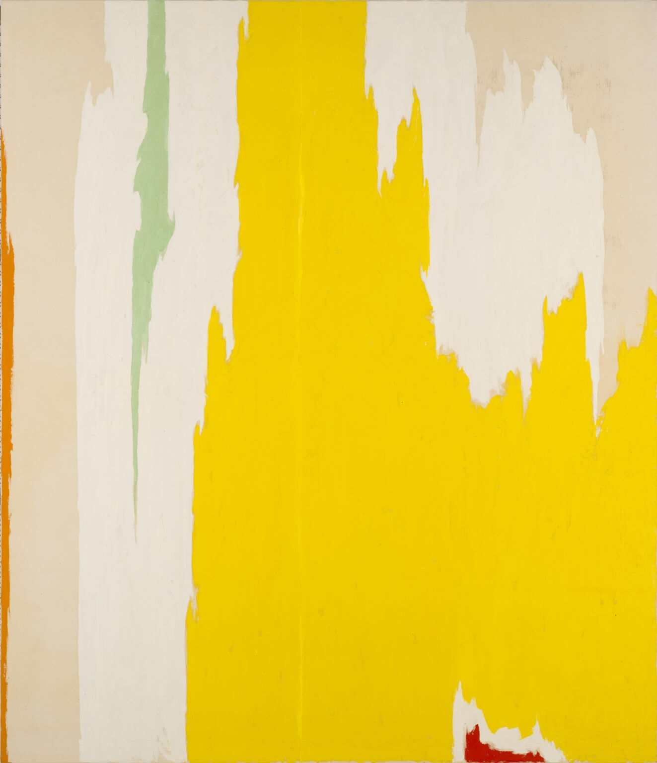 Abstract oil painting with bare canvas showing on the left and upper right sides, with a large section of yellow, a little white around it, and orange and green vertical lines, with a small red area at the bottom