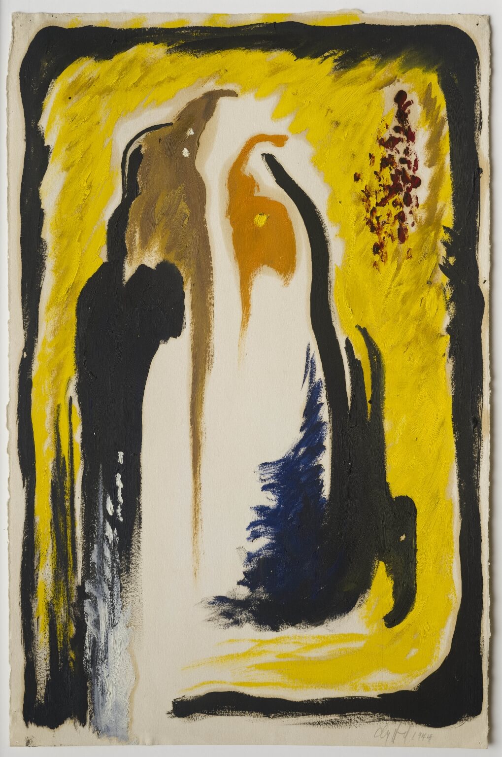 Abstract oil painting on paper with a black border, thick yellow inside border, two black figures separated by blank space, with highlights of tan and orange