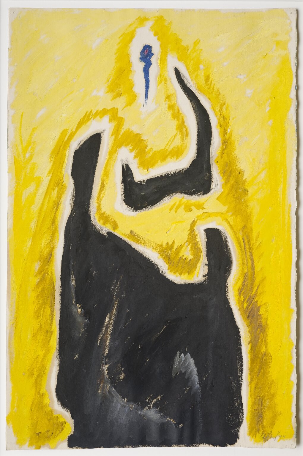 Abstract oil painting on paper with two shades of yellow and black abstracted figures in the foreground