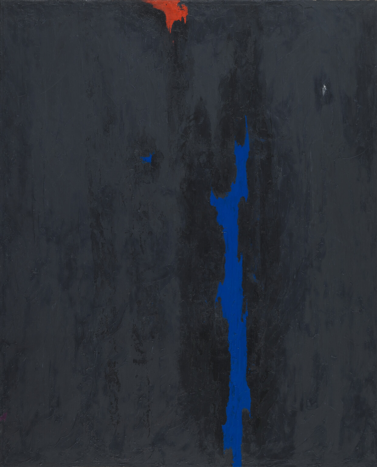 An abstract mostly black painting with a blue vertical line through the middle and a red spot at the top