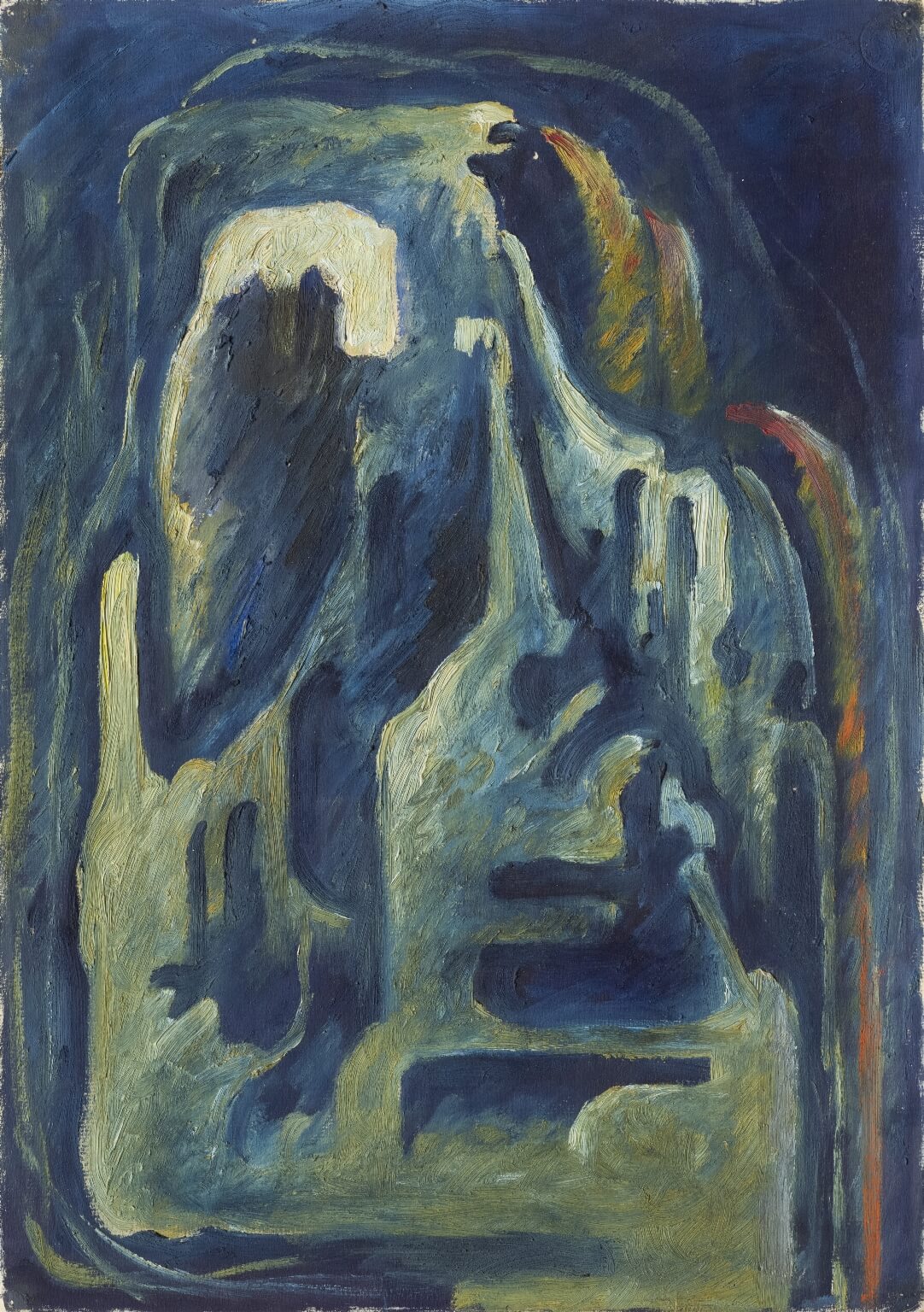 Abstract oil painting on paper of an abstract human-like figure in grayish blue tones, tan, brown, and black