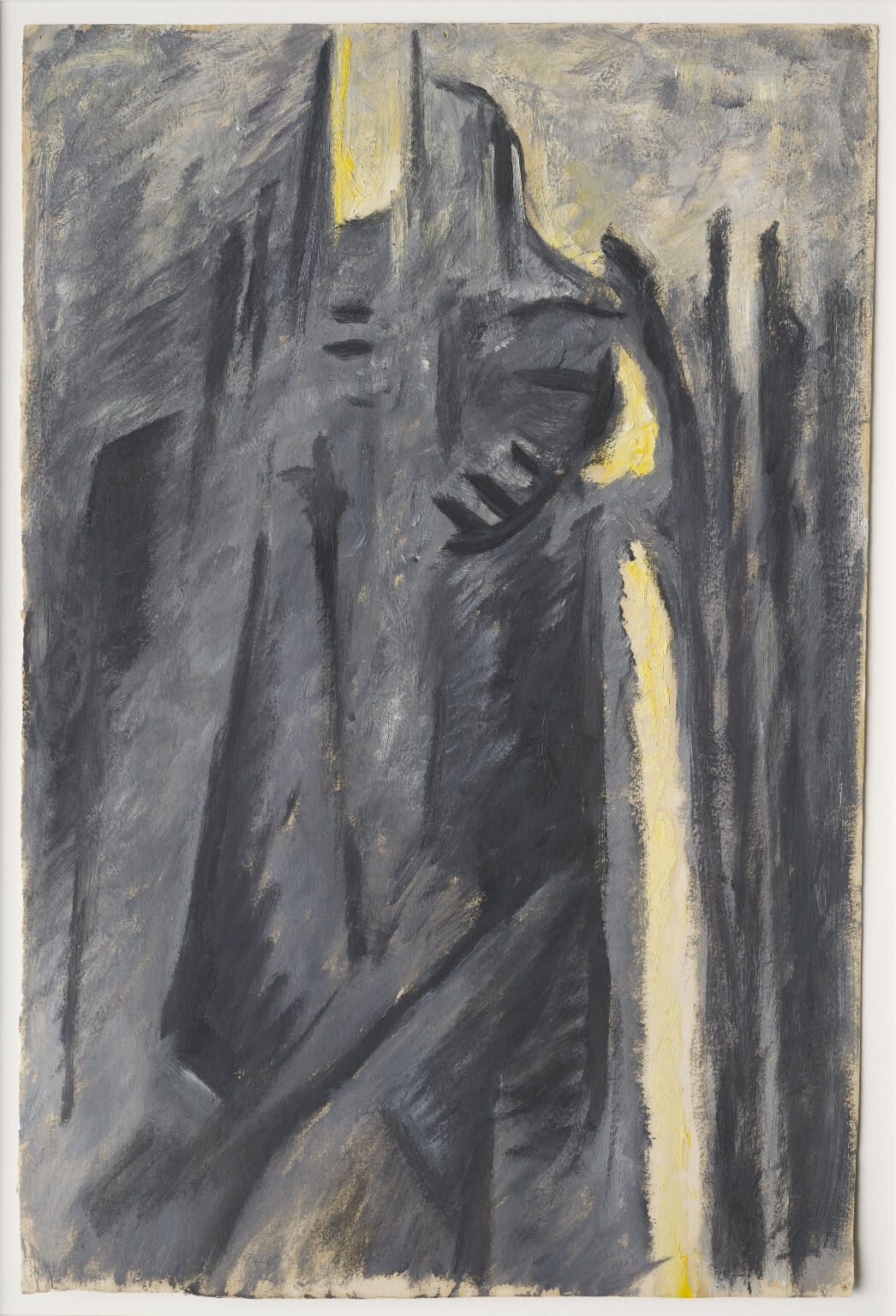 Abstract oil painting on paper mostly made with shades of light and dark gray, with an abstracted human-like figure, vertical lines, and a yellow line moving upwards