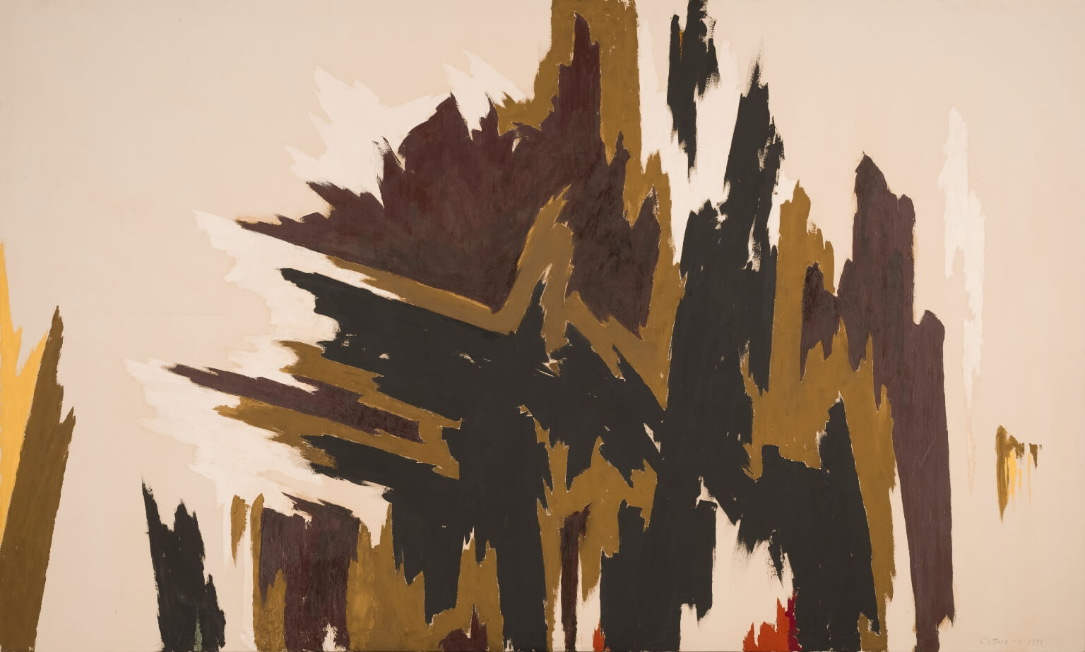 Abstract oil painting with bare canvas on the sides and a jabbed brown, tan, gold, and black figure that seems to be reaching out from the bottom, with highlights of other colors