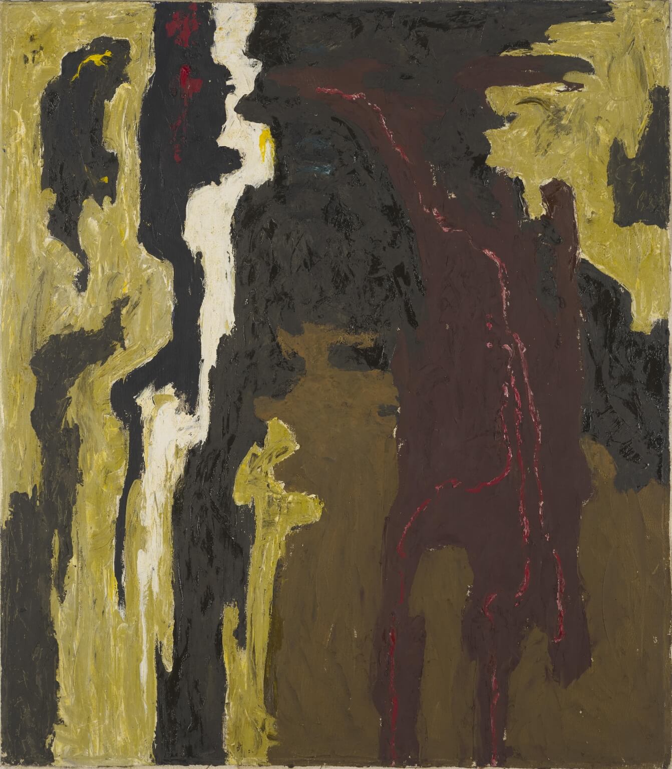 Abstract painting with brown, tan, white, yellow, and black splotches and squiggles
