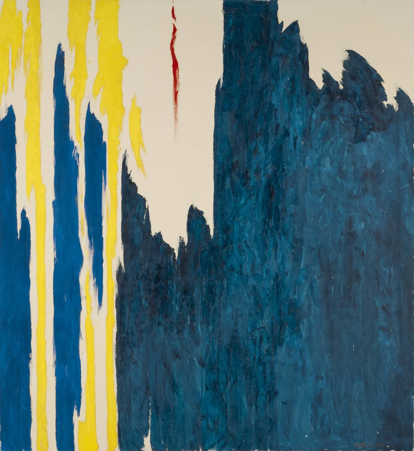 Abstract oil painting with large sections of a dark blue, with some vertical yellow figures, bare canvas, and some hints of orange-red