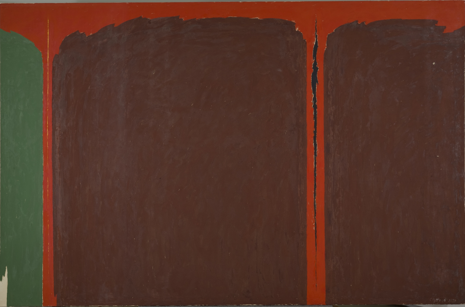 Abstract painting with two large areas of reddish brown, an area of green, and a rusty red separating the areas and along the top