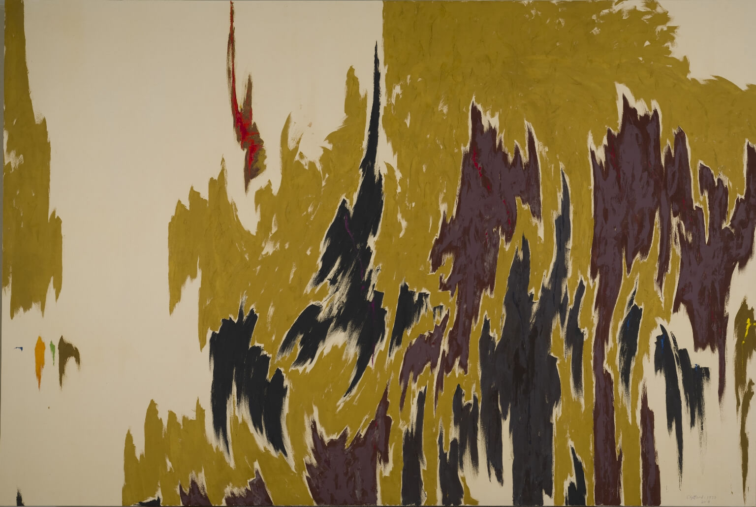 Abstract horizontal painting with some bare canvas and jagged shapes of gold, brown and black moving up like flames, and with highlights of red