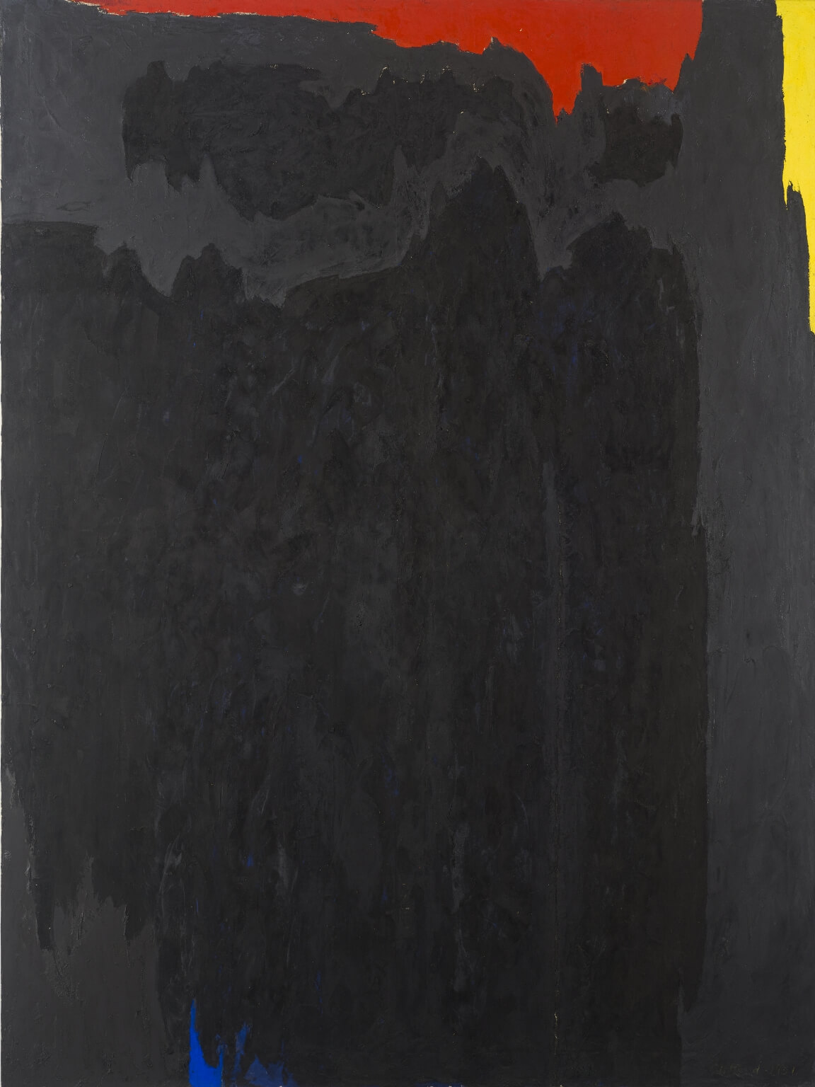 Vertical abstract oil painting almost completely covered in black paint, with an area of very dark gray at the top and small sections of yellow and red