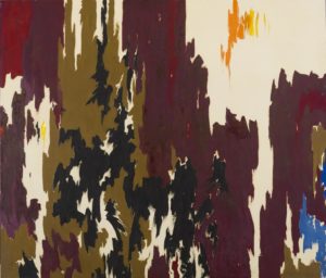 Abstract oil painting with sections of bare canvas and jagged sections of reddish brown, gold, black, and highlights of yellow and blue