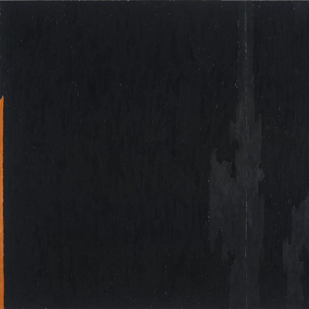 Abstract painting with mostly black paint, some dark gray, and a line of orange