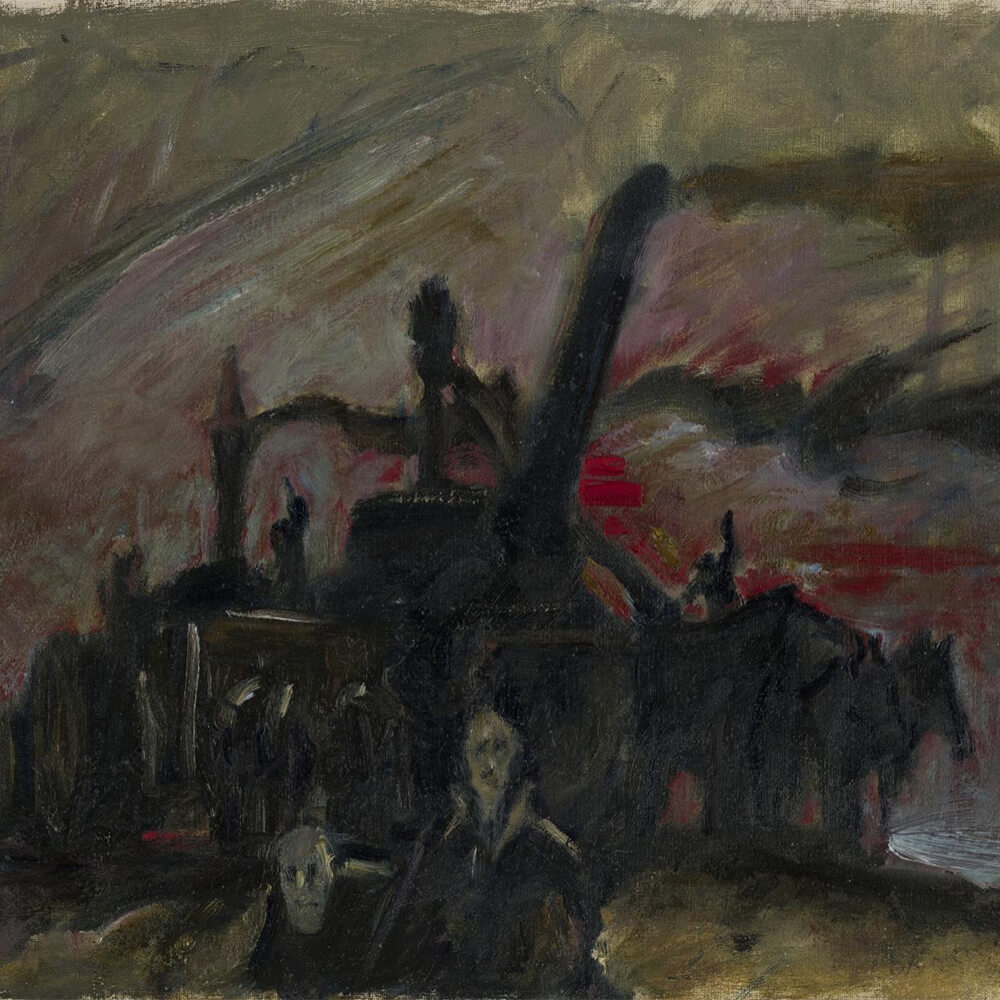 Abstract painting of people standing in front of machinery