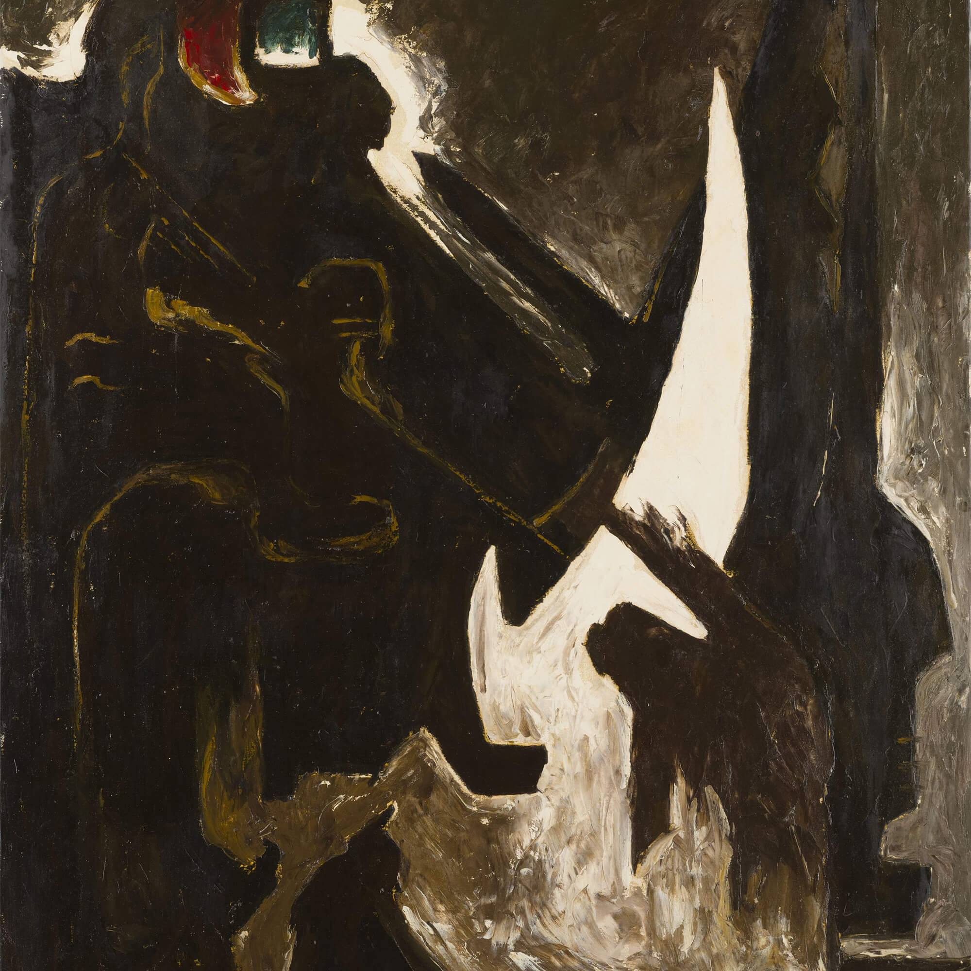 Figure, space, and machinery are all merged and intermingle in this strange, dark painting. The ground is painted with thick strokes of brown, black and cream. What we might understand to be the background in the top right corner winds down along the right edge and ultimately becomes the most prominent white blade-like form we see in the foreground, thus confusing and flattening space. From the center of the blade-like form, unrecognizable tool-like forms are painted in deep blacks and browns and create a strong diagonal up to the top left corner of the painting where three finger-like shapes are painted in shades of red and green. Behind the white blade object, another black vertical jagged saw-like form recedes into the background. The right and bottom edges of the composition are completely filled with abstract puzzle-piece shapes in shades of cream, brown and black.