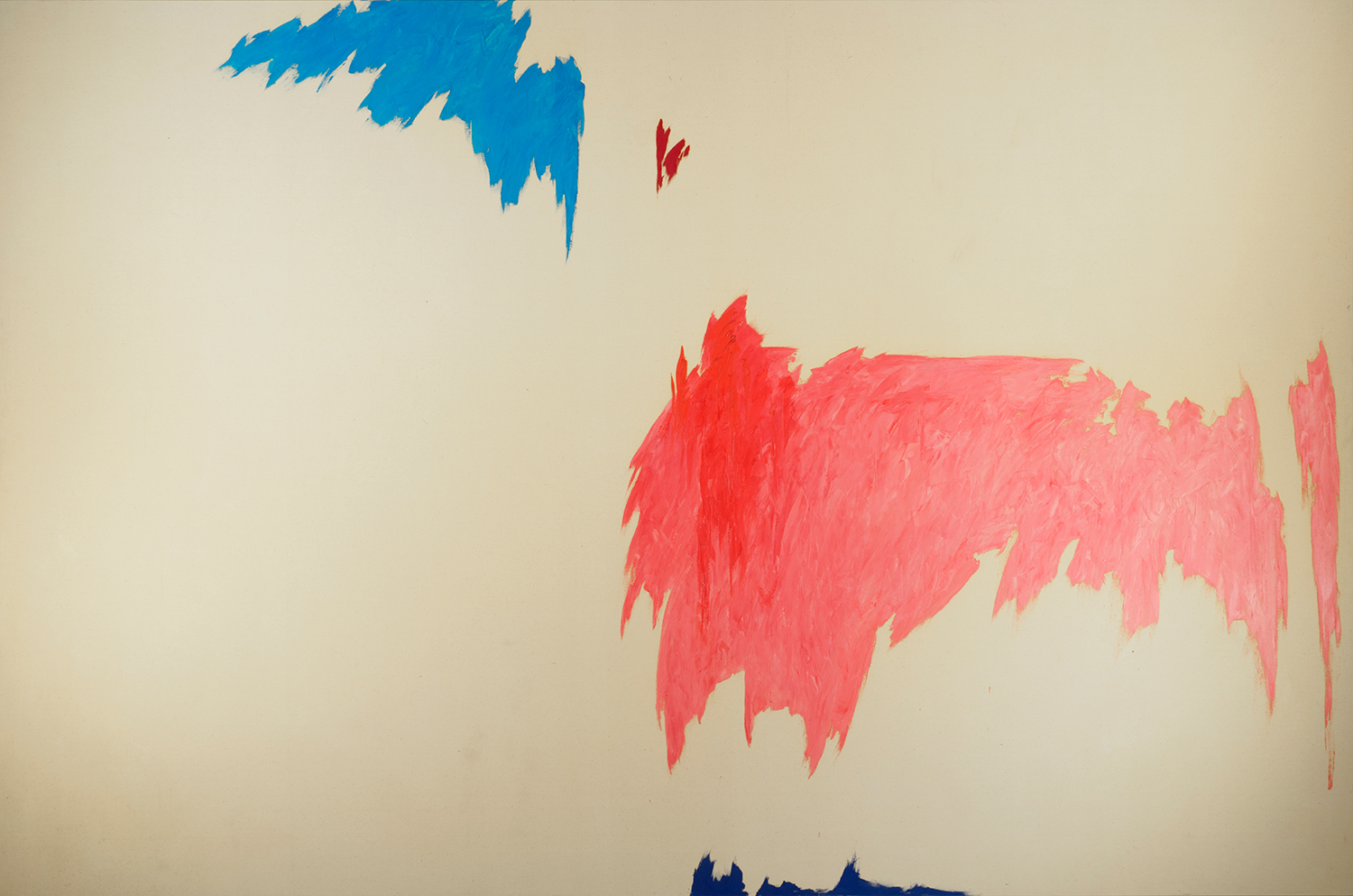An abstract oil painting on canvas with a large splotch of pink paint, and some smaller areas with light blue, red, and dark blue