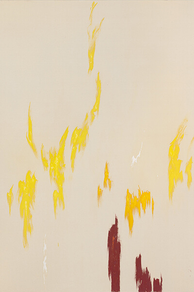 Abstract painting with bare canvas and sections of jagged yellow and red paint moving upwards