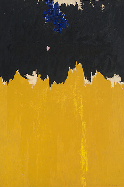 A golden yellow field rises from the bottom edge and ends a little more than halfway up the canvas in a jagged, uneven line running from left edge over to the right edge. A heavy black field rests above the yellow field and runs from the top edge down to the jagged line dividing the two fields of color. Several areas of unpainted canvas have been left along this line. A small area along the top center edge has also been left unpainted, and an irregular cobalt blue form dangles from this area down into the black field at top center. Bright yellow vertical streaks shoot like a jolt through the golden yellow field from the bottom edge up to the jagged dividing line.