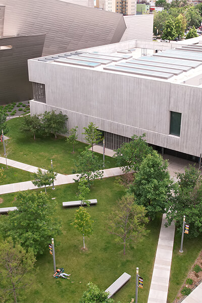 Looking down to Clyfford Still Museum outdoor forecourt from above