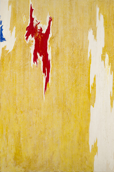 Mottled yellow pigment covers most of this vertical composition. One large jagged white form runs along the right side of the canvas and another smaller white form enters from the top left. A bright blue forms rests in the midst of this smaller white form. Near the top left, a deep crimson form hovers in the midst of the yellow.