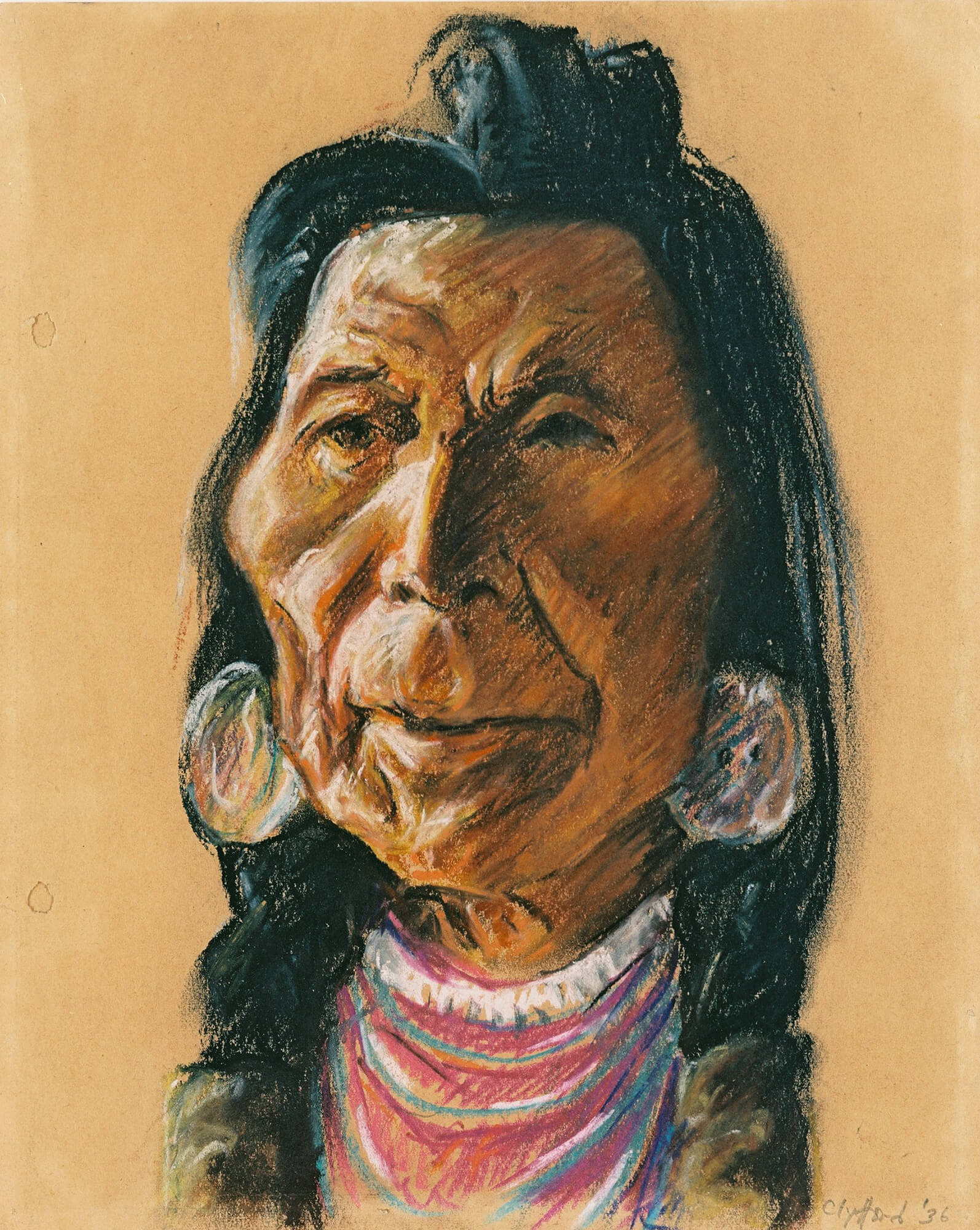 Pastel on paper sketch of a Native American man's face and neck