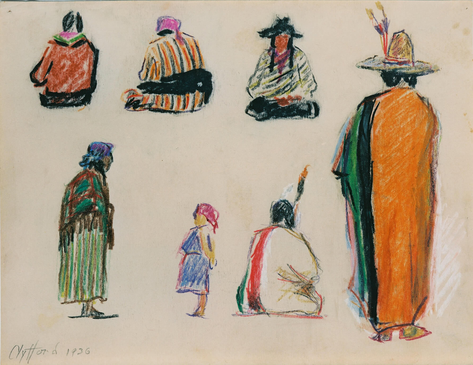 Pastel and crayon on paper drawing of seven Native American figures