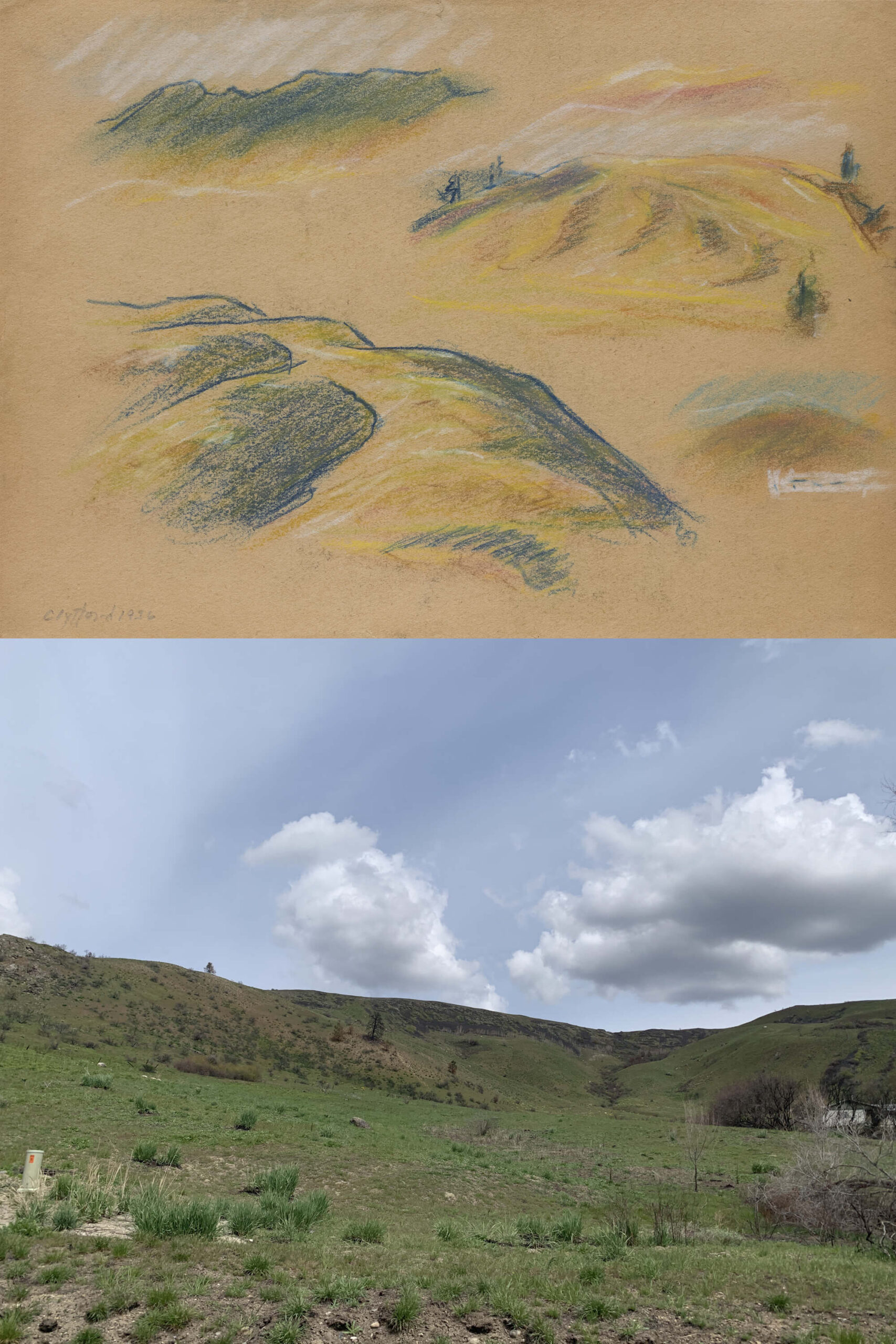 Pastel on paper sketch of rolling hillsides on top of a color taken from the same location
