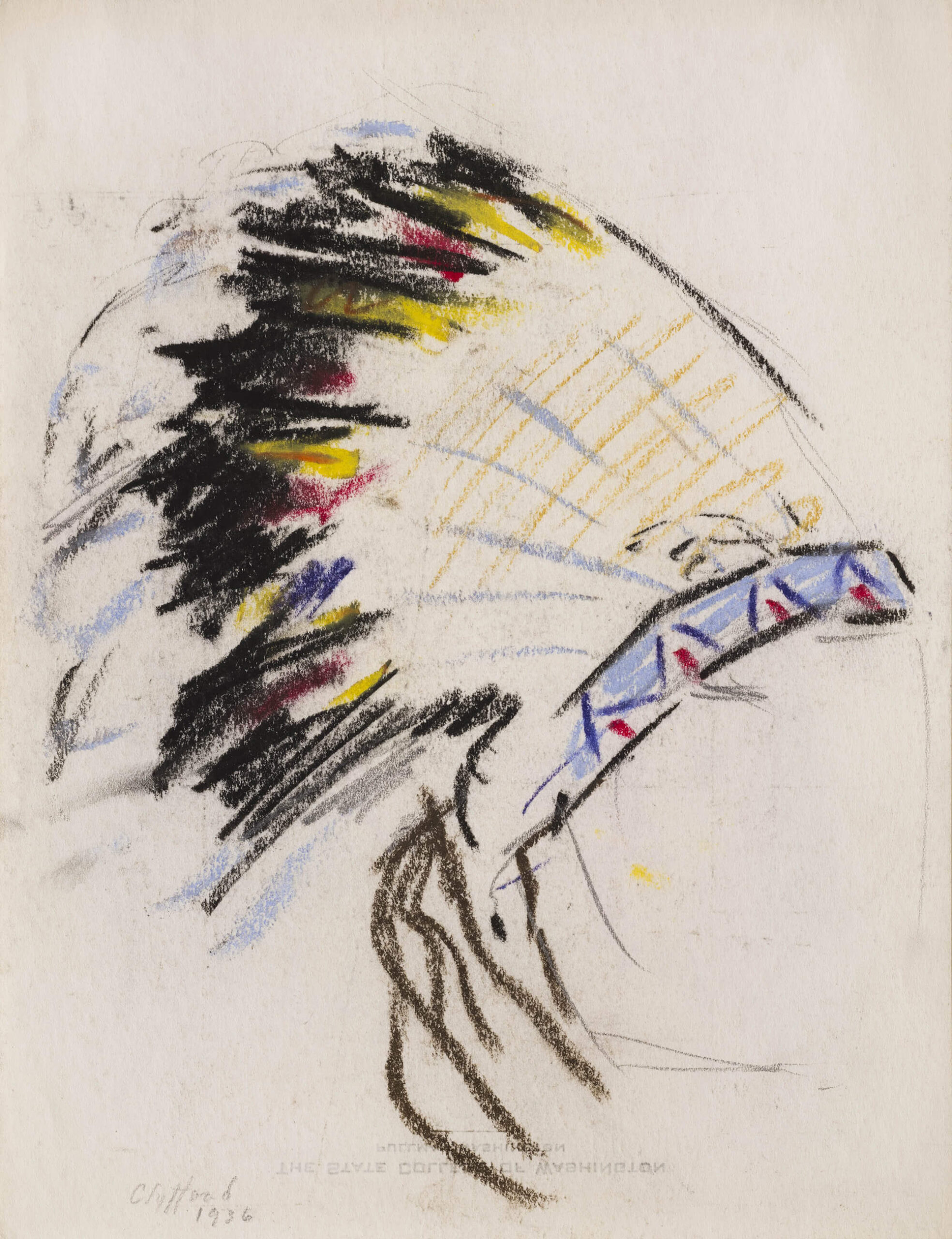 Pastel on paper drawing of a Native American headress