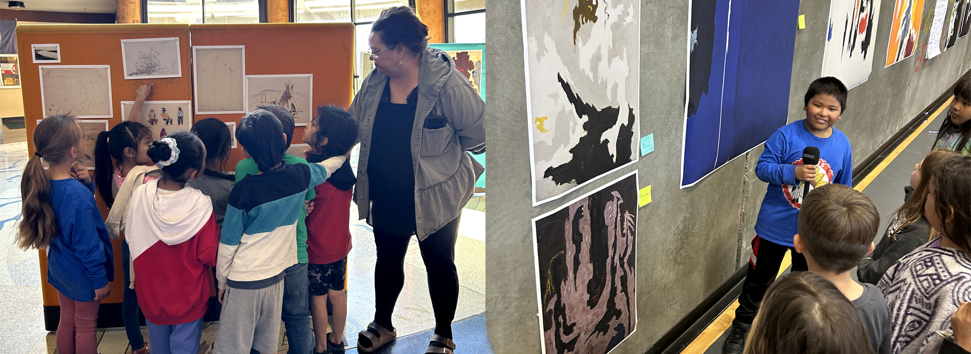 Exhibition collaborators and their teacher review reproductions of artworks by Clyfford Still, Pascal Sherman Indian School, Omak, Washington. Exhibition co-curator, Abel (third grade), presents his object selection to his classmate at Nespelem School, Nespelem, Washington.