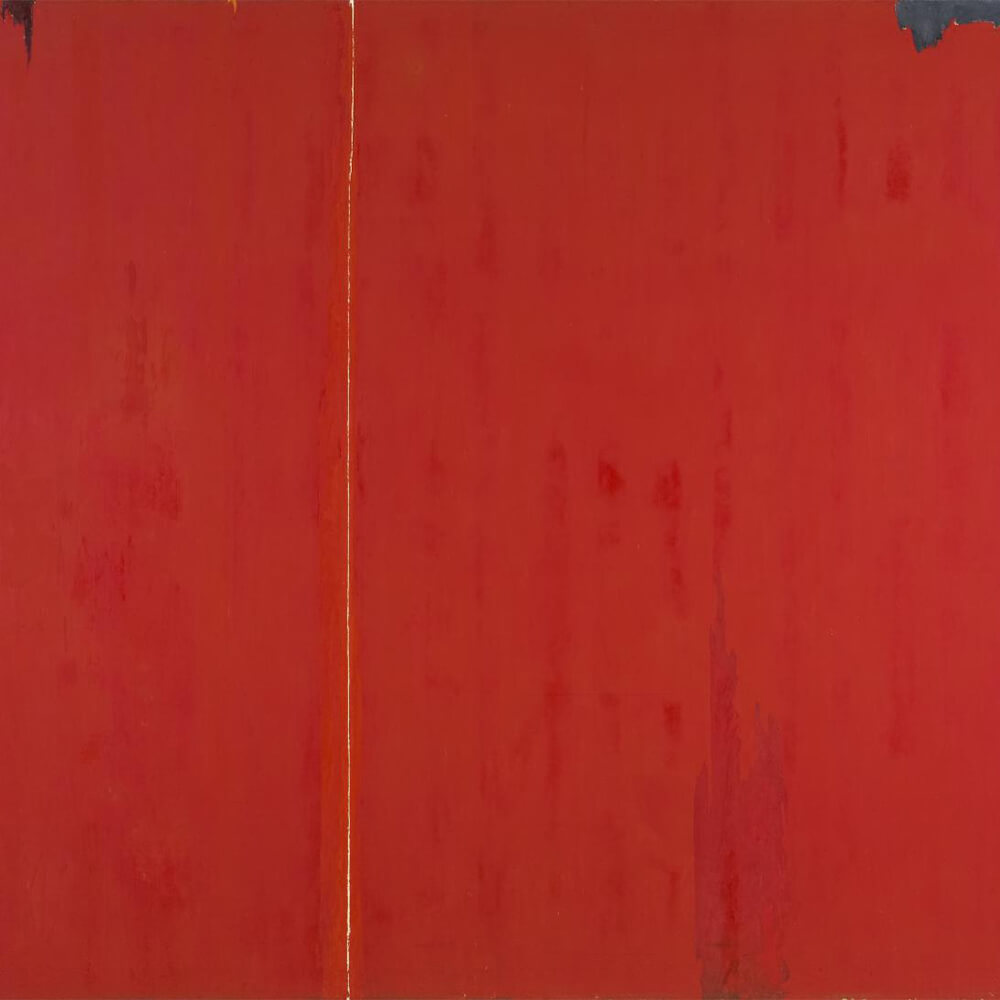 A large abstract oil painting with an orangish red background and other black and gray sections and a long, thin vertical yellow line