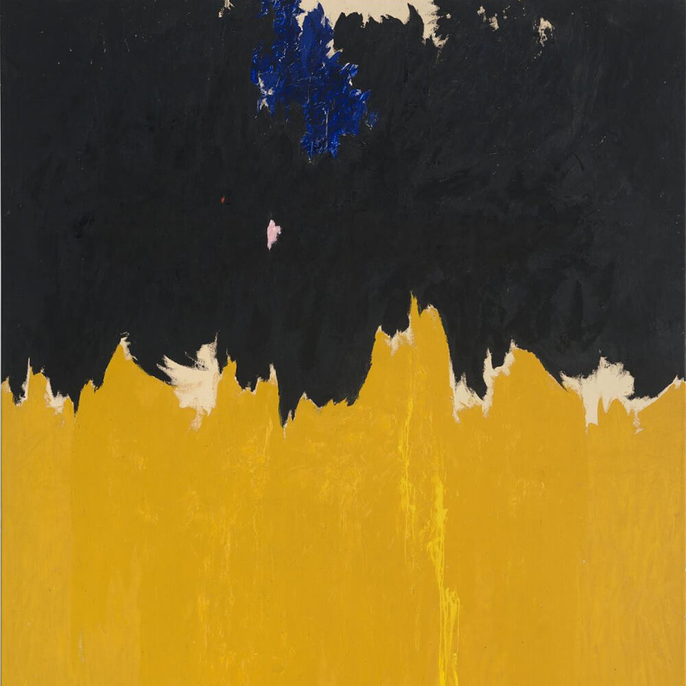Abstract oil painting with a golden yellow bottom half divided by a jagged black top half with hints of blue and bare canvas