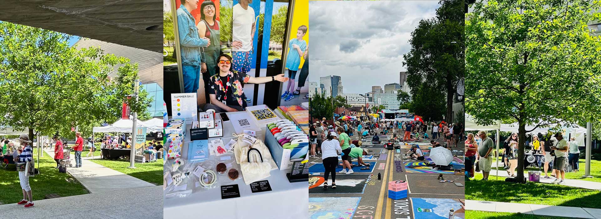 Four images of an outdoor market and chalk art festival