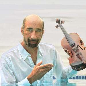 A man stands in a pool holding a violin
