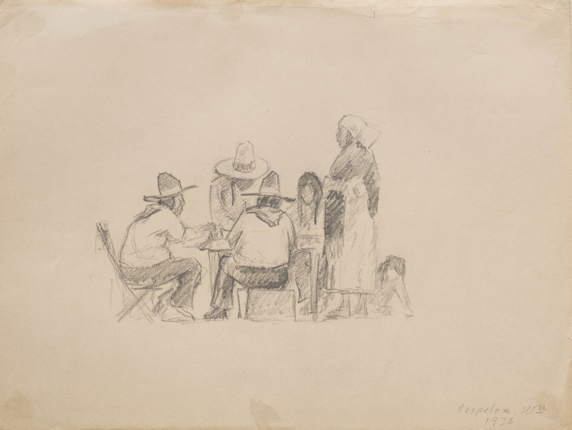 Graphite sketch on paper of people gathered around a table