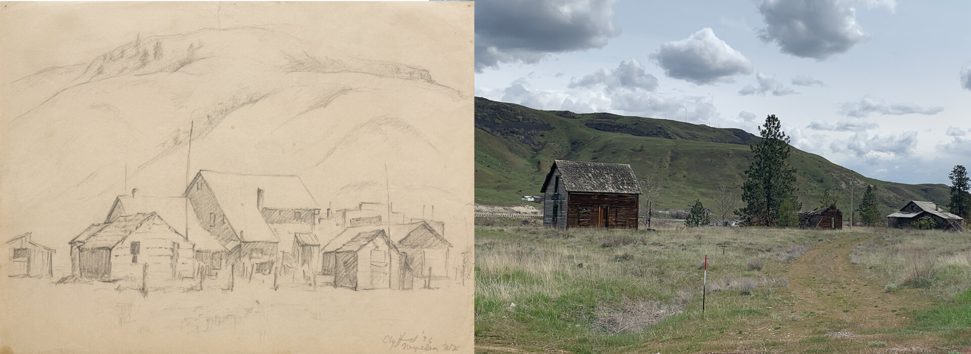 Side by side images of a graphite sketch on paper of houses in front of a hillside and a color photo of the same scene